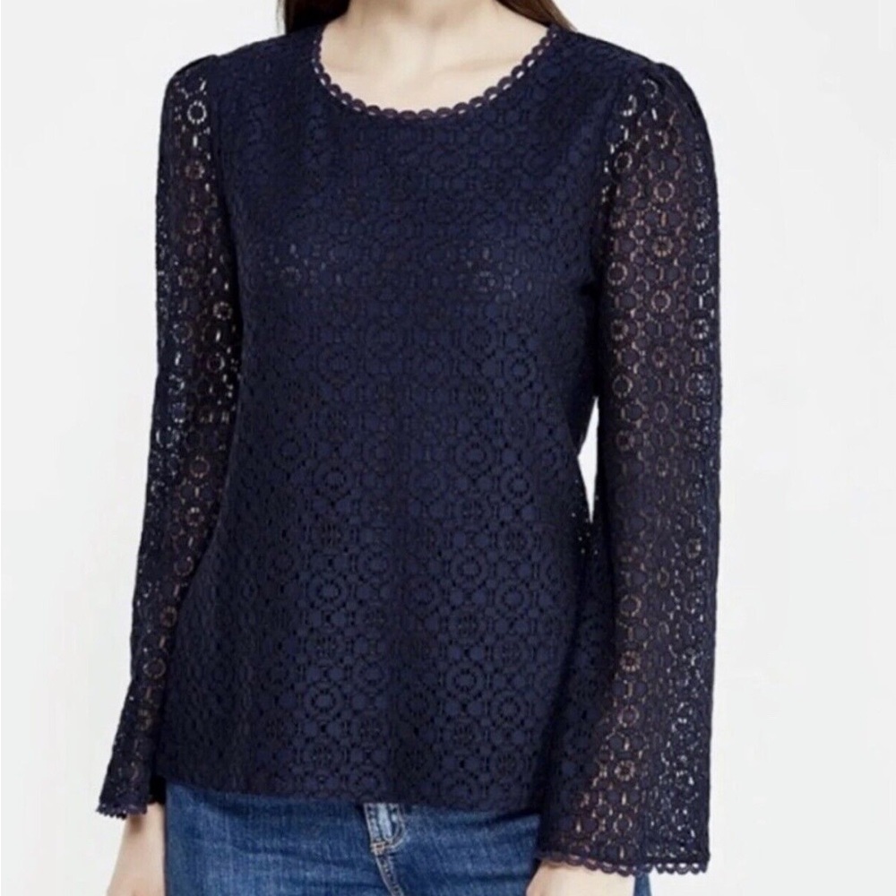 Banana Republic navy blue Sz XS lace top blouse bell sheer sleeves